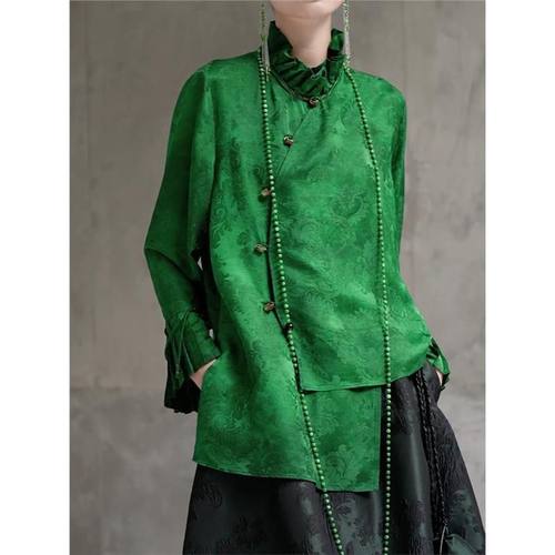 超火春装上衣独特漂亮超好看气质高级感新中式国风绿色衬衫女