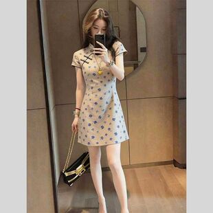 夏季新款新中式立领A字连衣裙女装高腰显瘦气质优雅短裙大码