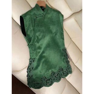 小个子复古独特绿色上衣 盘扣背心女新款 新中式 国风高级感无袖