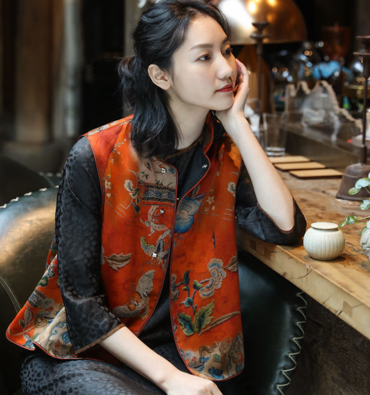 重磅仿真香云纱时尚立领背心