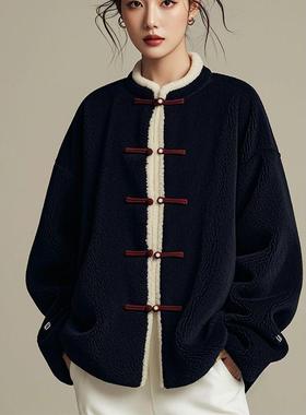 新中式女装国风盘扣唐装上衣黑色摇粒绒外套女秋冬新款
