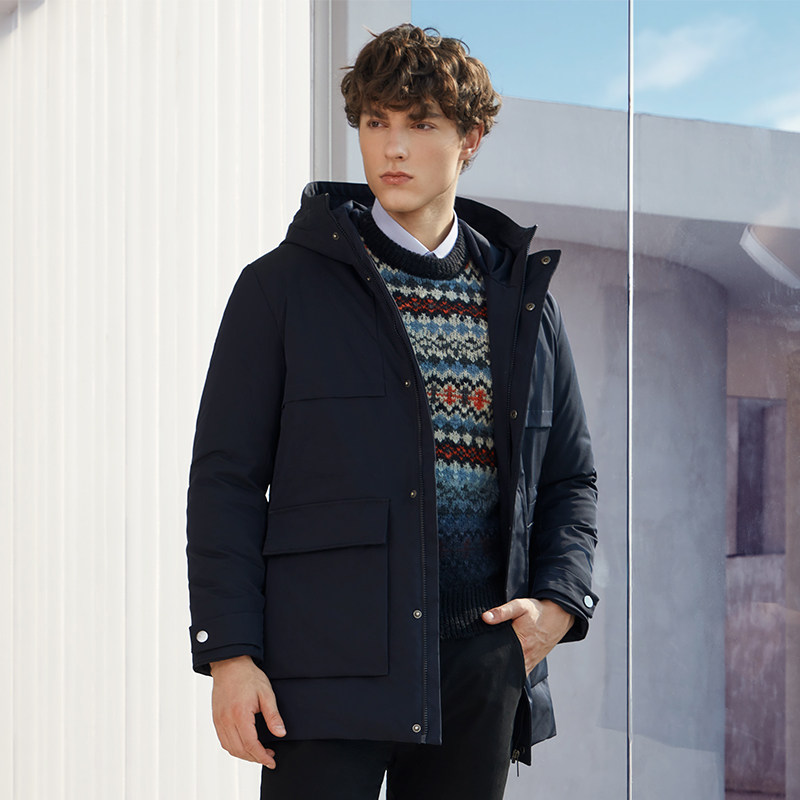 文华羽绒2025秋冬新品潮流男士连帽中长款百搭简约保暖防寒羽绒服