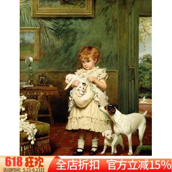 新款印花DMC纯棉绣线十字绣 卧室儿童房欧式油画 小女孩与狗狗