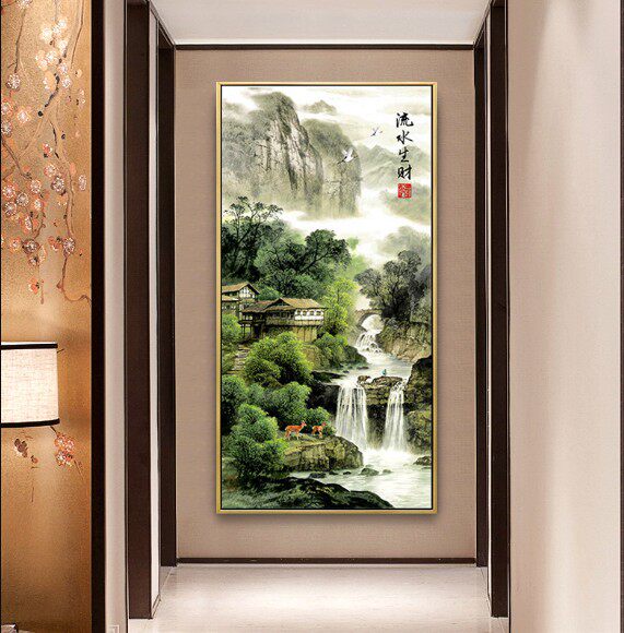 正品DMC十字绣客厅玄关过道简约现代招财山水风景画竖版流水生财