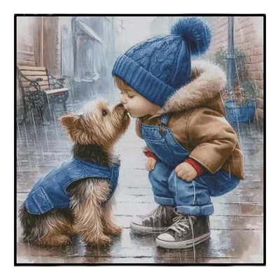 新款正品DMC十字绣纯棉线绣客厅卧室儿童房风景人物小孩与狗 亲吻