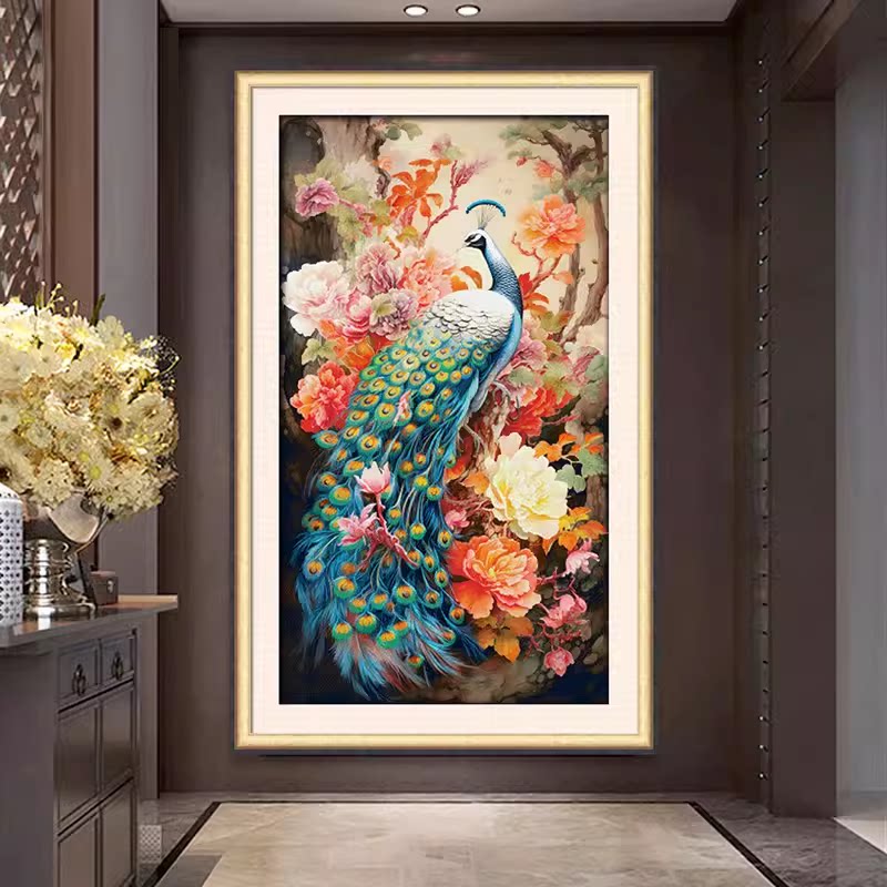 新款印花正品DMC十字绣纯棉线绣客厅玄关走廊竖版动物 牡丹孔雀图