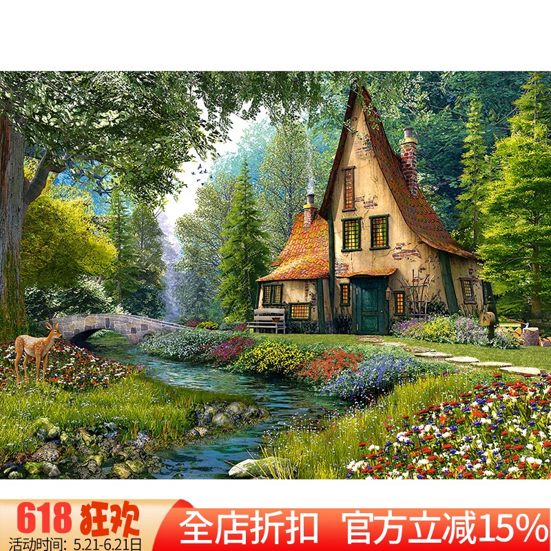 新款印花法国正品DMC十字绣 欧式风景油画田园森林小屋 湖边庄园