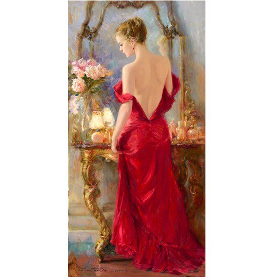 新款精准印花DMC十字绣客厅卧室玄关走廊油画 梳妆台前的红衣少女