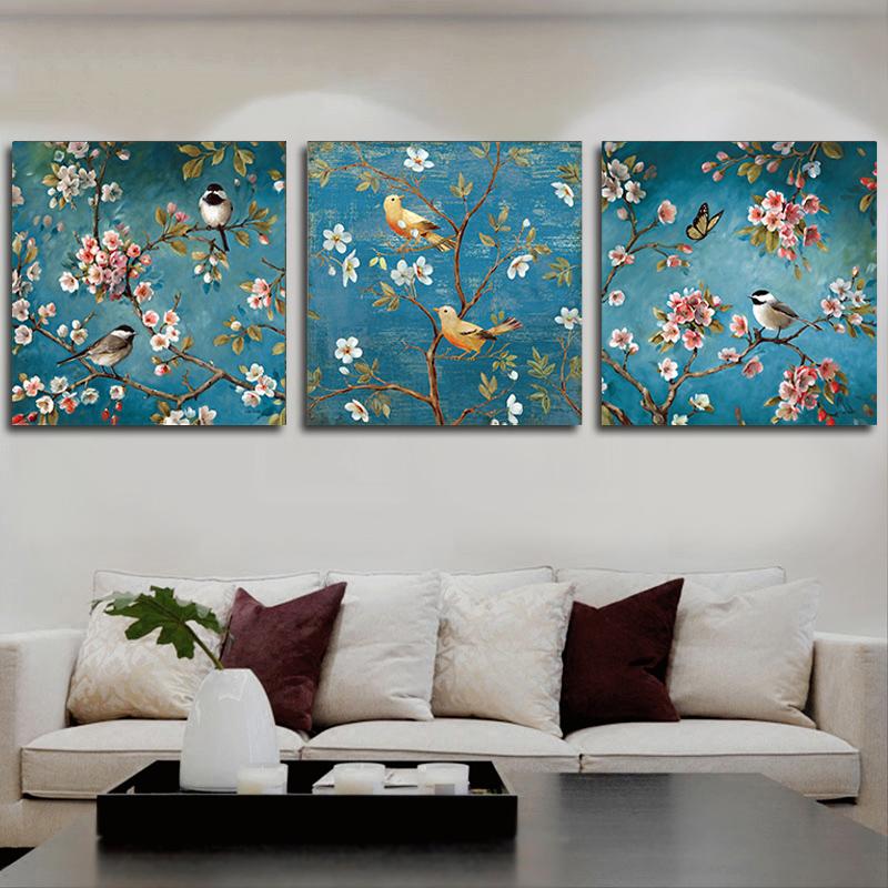 新款印花正品DMC十字绣客厅卧室餐厅三联画 复古花鸟图 鸟语花香