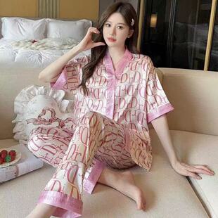 外贸批发夏季仿真丝绸睡衣女高级感短袖长裤印花两件套大码家居服