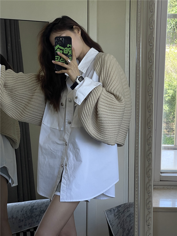 法式慵懒风套装女短款宽松针织开衫女春季披肩外套长袖衬衫两件套