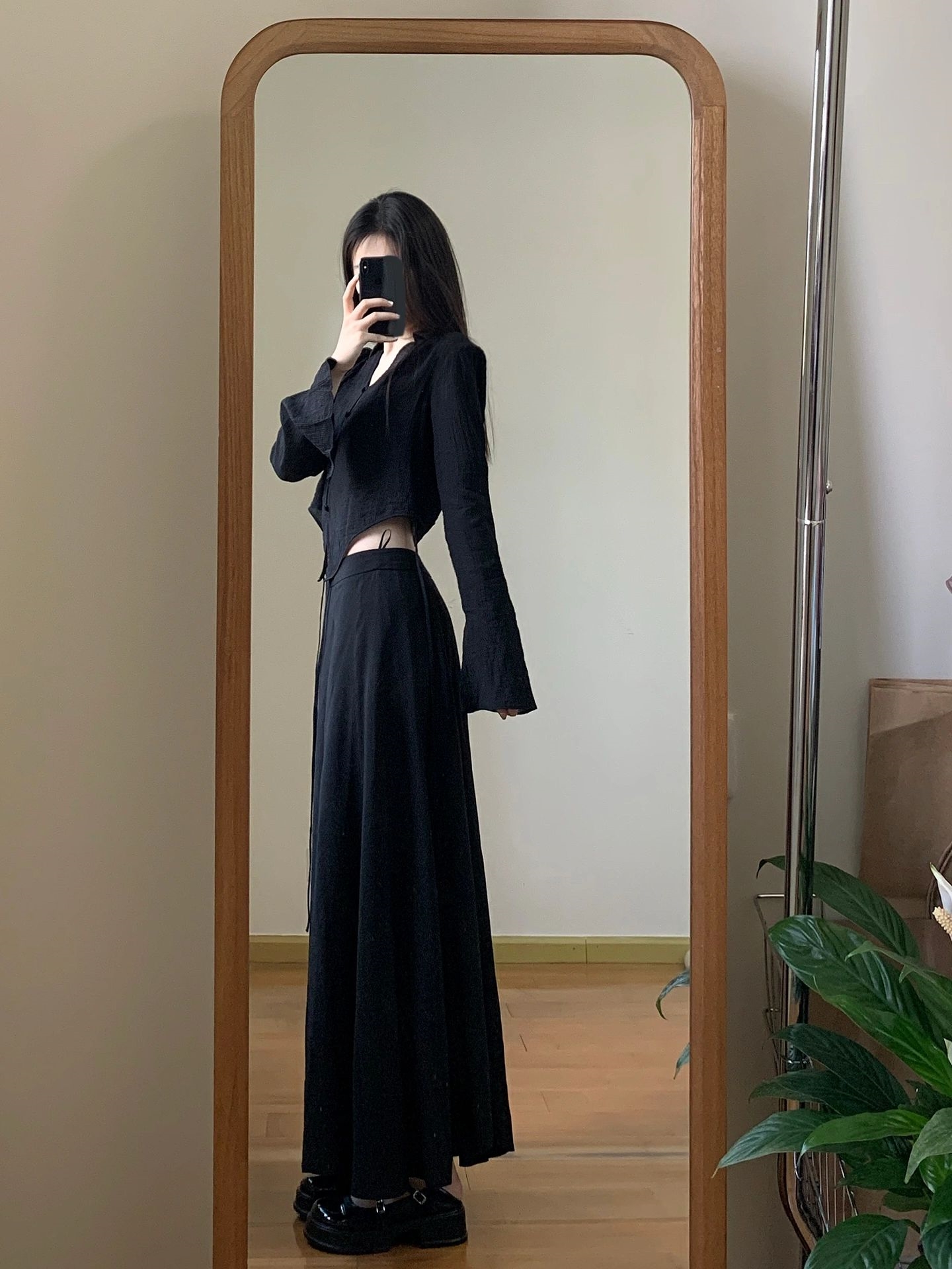 开叉喇叭袖衬衫女飘飘裤阔腿裙裤