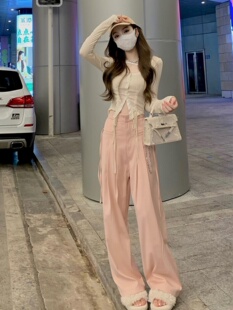 甜辣妹小个子套装女春季性感修身上衣高腰阔腿裤御姐风两件套女装