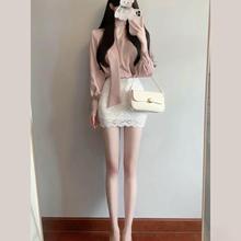 名媛气质御姐套装裙女系带衬衫上衣春季新款蕾丝包臀短裙两件套女