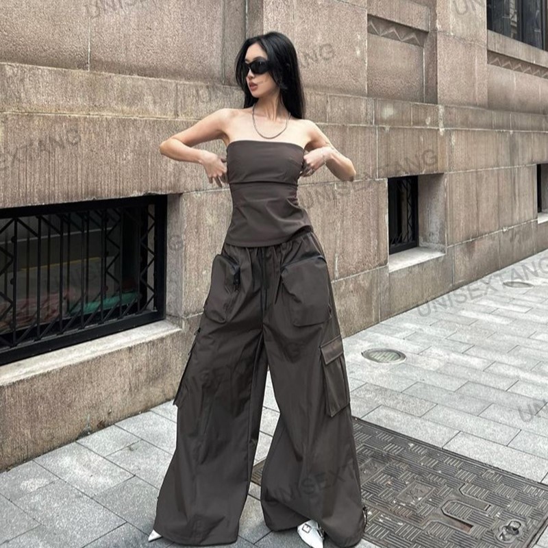 灰棕色甜酷辣妹两件套女2025年夏季新款设计感工装抹胸长裤套装女