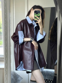 上衣女 复古机车夹克休闲百搭衬衫 葡萄紫PU皮衣外套女2026春季 新款