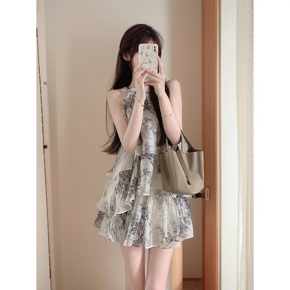 新中式女装国风套装裙女夏装搭配一整套韩系茶系穿搭水墨两件套女