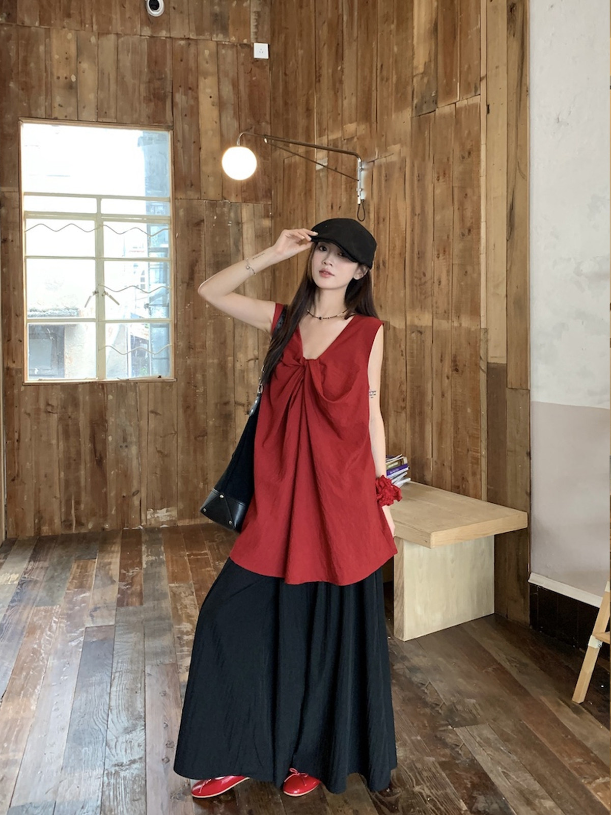 复古日系套装女扭结红色背心夏季黑色阔腿裤休闲慵懒风减龄两件套