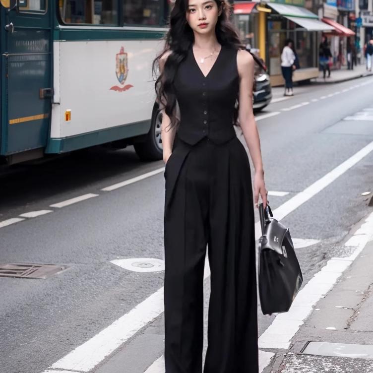 炸街洋气时尚套装女夏季辣妹显瘦西装马甲背心阔腿裤长裤两件套女