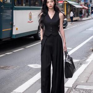 炸街洋气时尚套装女夏季辣妹显瘦西装马甲背心阔腿裤长裤两件套女