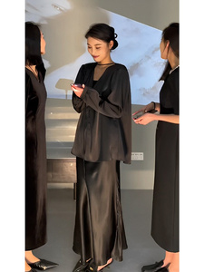 韩版赫本风套装裙女春季高级感炸街黑色休闲衬衫吊带连衣裙两件套