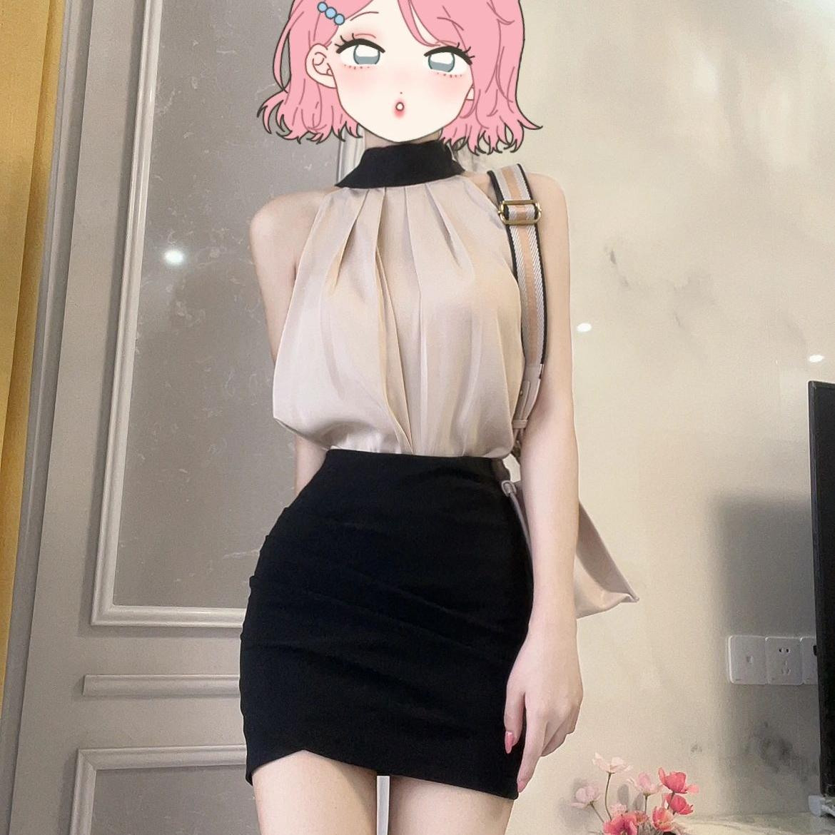 露肩挂脖衬衫上衣两件套装包臀裙