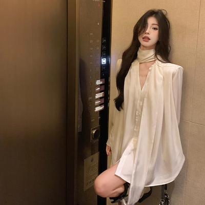 法式白色飘带长袖衬衫连衣裙春季