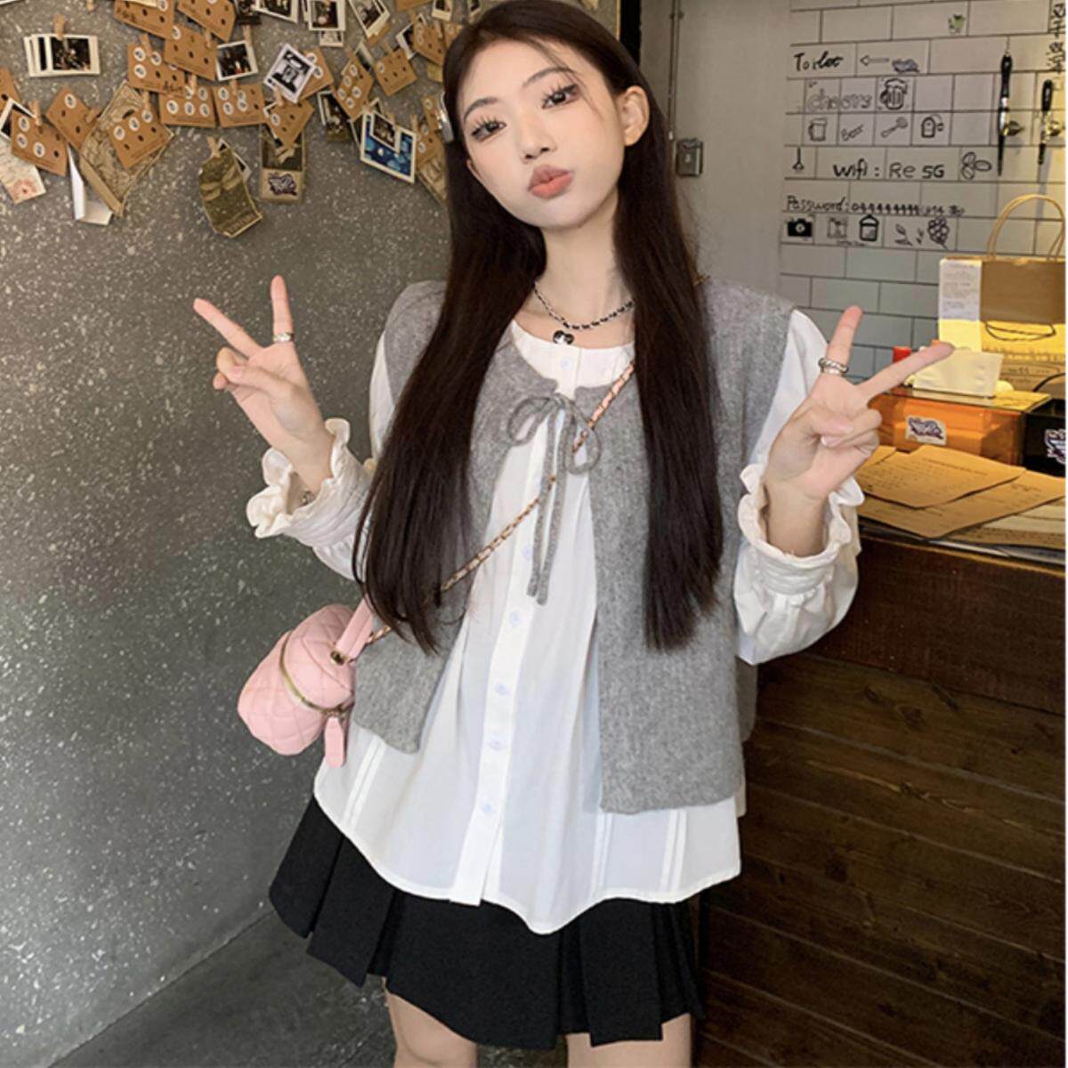 学院风上衣套装泡泡袖衬衫马甲女