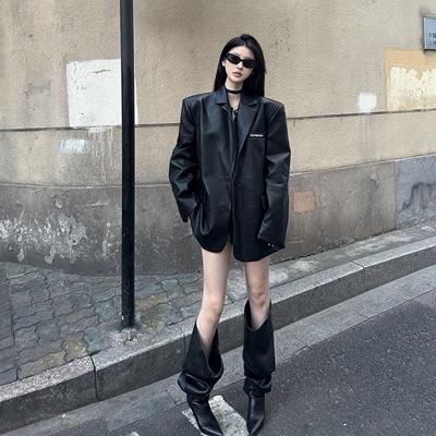 黑色PU皮衣外套街头酷飒西装外套