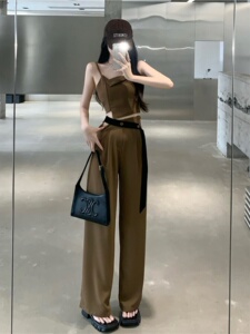 夏季甜酷辣妹炸街不规则吊带短款背心高腰阔腿西装长裤两件套装女
