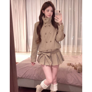 韩系小个子显高显瘦套装女秋季卡其色立领风衣外套百褶裙两件套女