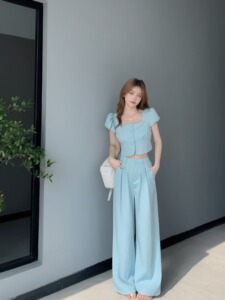 女神范2024夏季新款气质时尚小众薄款甜美短外套+高腰阔腿裤套装