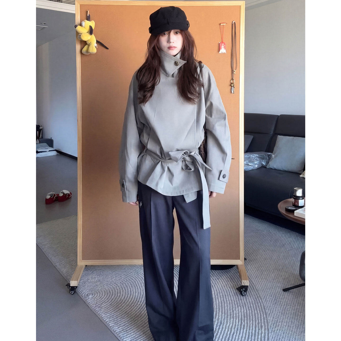 【送运费险】灰绿色立领风衣女