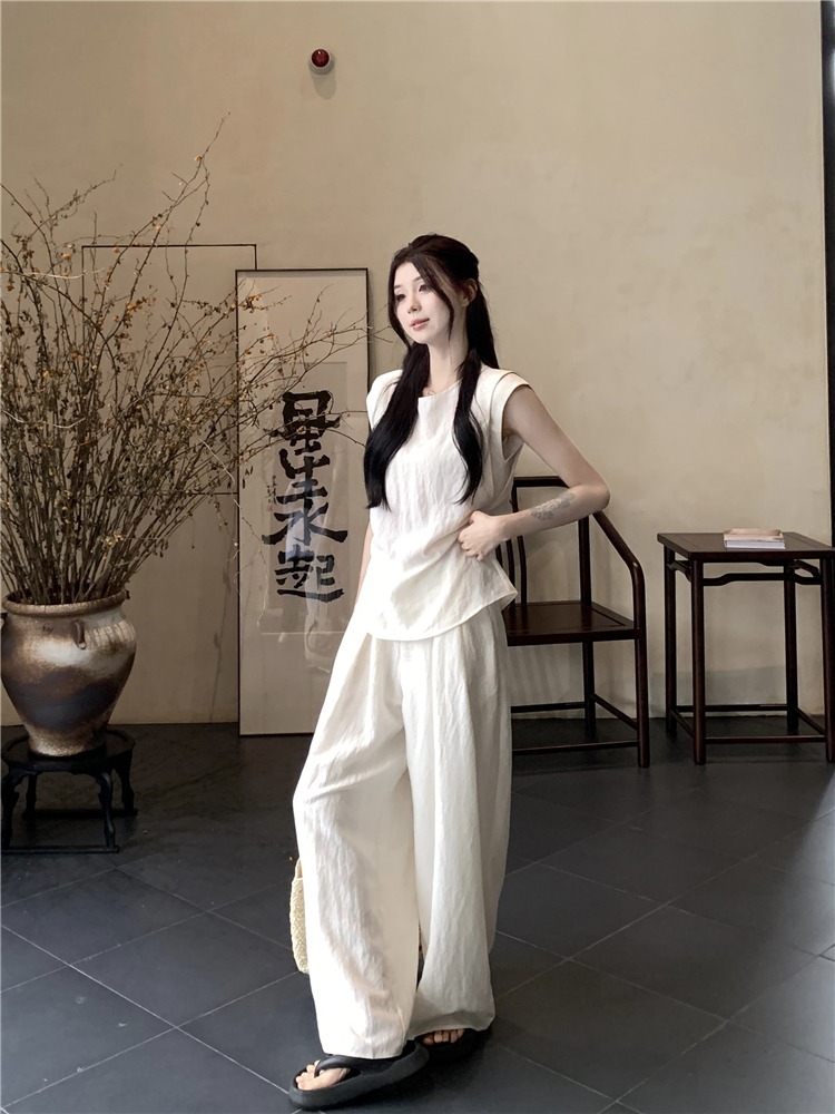 夏季休闲无袖衬衫上衣女慵懒风高腰垂感宽松阔腿裤减龄两件套装女