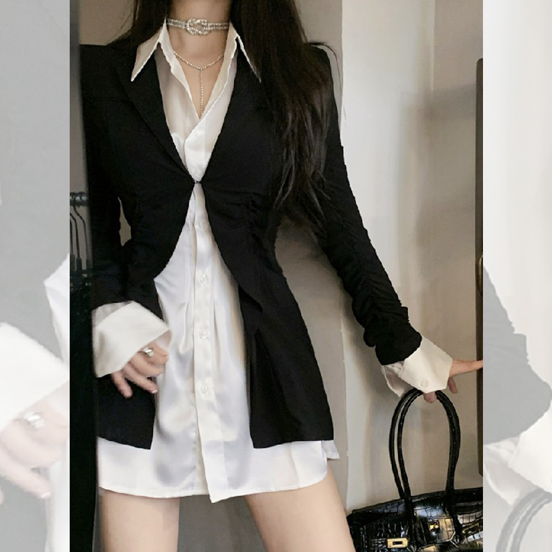 小个子收腰抽褶翻领西装连衣裙女春季新款气质衬衫裙短裙子套装女
