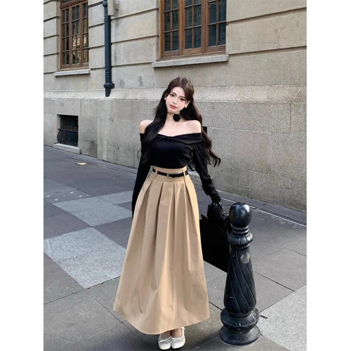 大摆过膝长裙高腰百褶裙半身裙