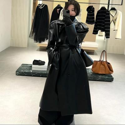 中长款收腰皮衣外套时髦西装大衣