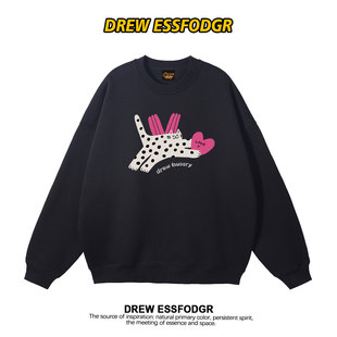 秋冬外套 猫咪印花圆领卫衣男女宽松情侣装 drew美式 潮牌虞书欣同款