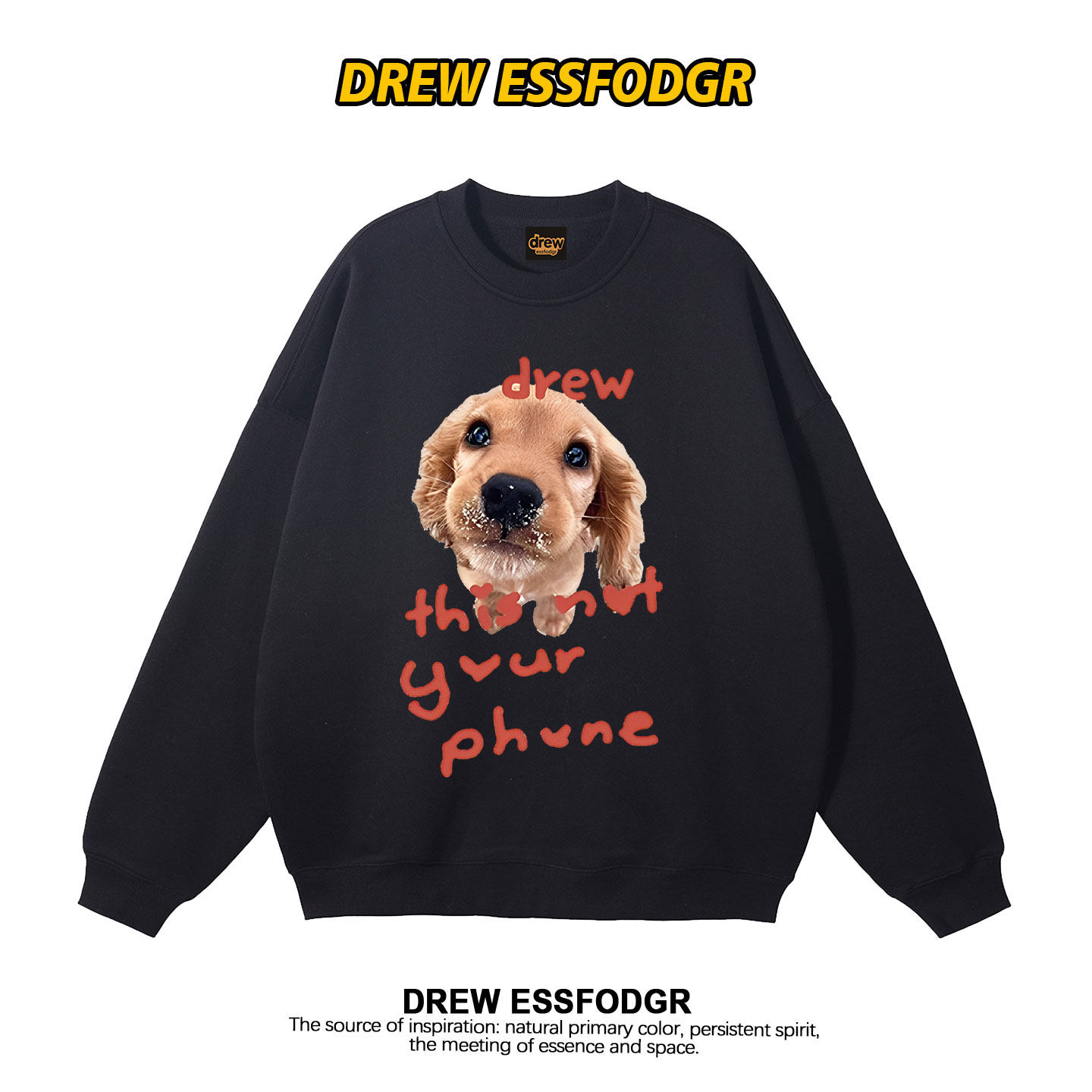 drew美式复古潮牌金毛狗狗印花圆领卫衣男女情侣宽松秋冬加绒上衣