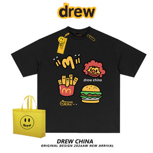 drew笑脸联名汉堡薯条卡通印花短袖 t恤男女潮牌宽松情侣上衣半袖
