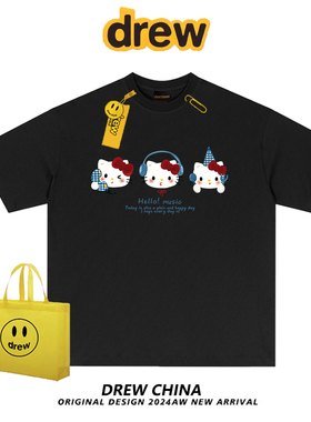 drew美式潮牌HelloKitty卡通趣味短袖t恤男女学生情侣宽松上衣夏