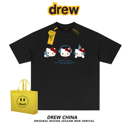 drew美式潮牌HelloKitty卡通趣味短袖t恤男女学生情侣宽松上衣夏