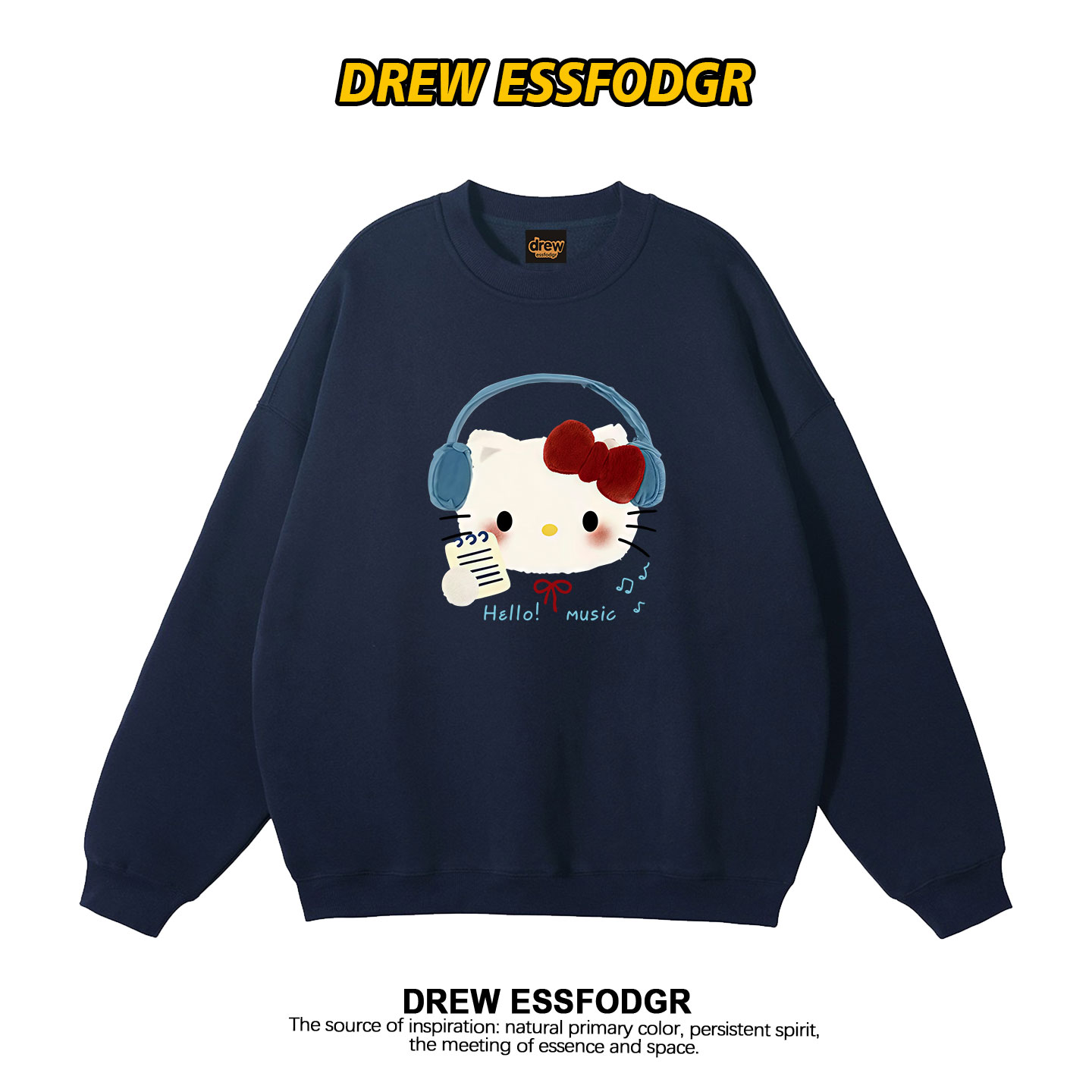 drew潮牌HelloKitty猫卡通圆领卫衣男女情侣休闲宽松秋冬加绒外套