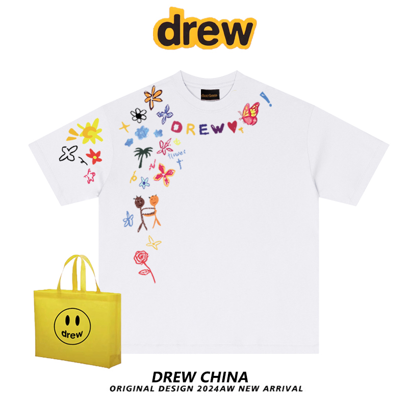 drew美式潮牌创意卡通涂鸦印花半袖百搭正肩纯棉短袖T恤男女上衣