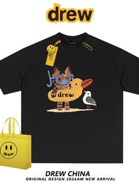 Drew美式潮牌猫咪趣味卡通印花短袖T恤男女休闲百搭情侣装上衣ins