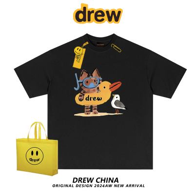 Drew美式潮牌猫咪趣味卡通印花短袖T恤男女休闲百搭情侣装上衣ins