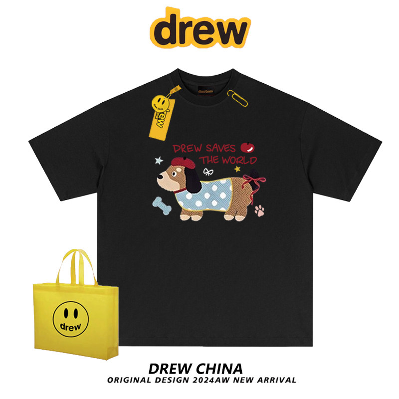drew美式复古腊肠狗卡通印花短袖T恤男女潮牌宽松纯棉情侣上衣ins