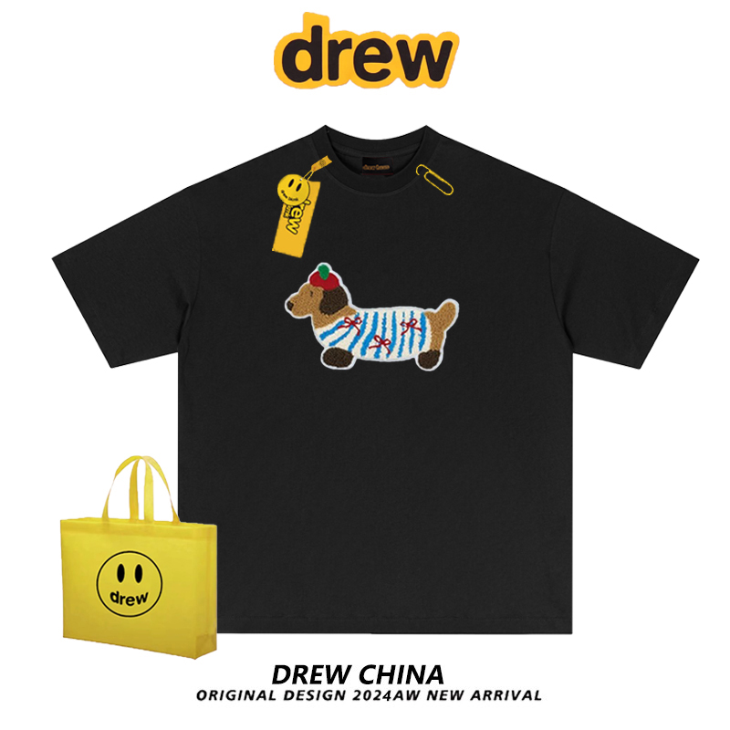 drew美式潮牌腊肠狗印花短袖T恤男女可爱小狗宽松纯棉情侣上衣ins