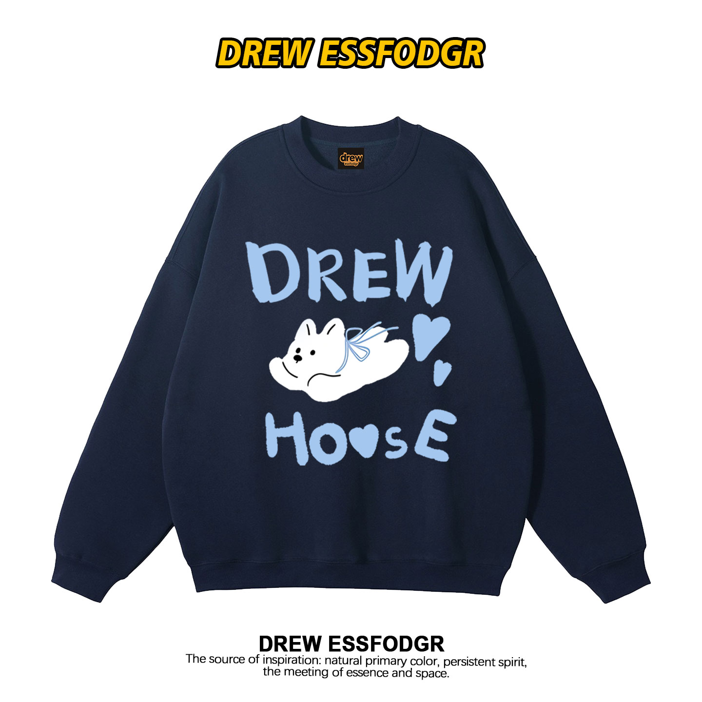 drew潮牌狗狗卡通藏青色圆领卫衣