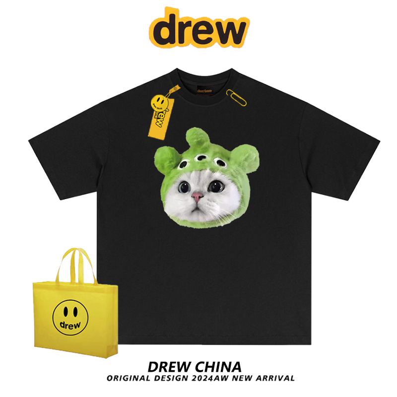 drew卖萌小猫搞怪猫咪短袖t恤男女夏季宽松休闲纯棉百搭情侣上衣